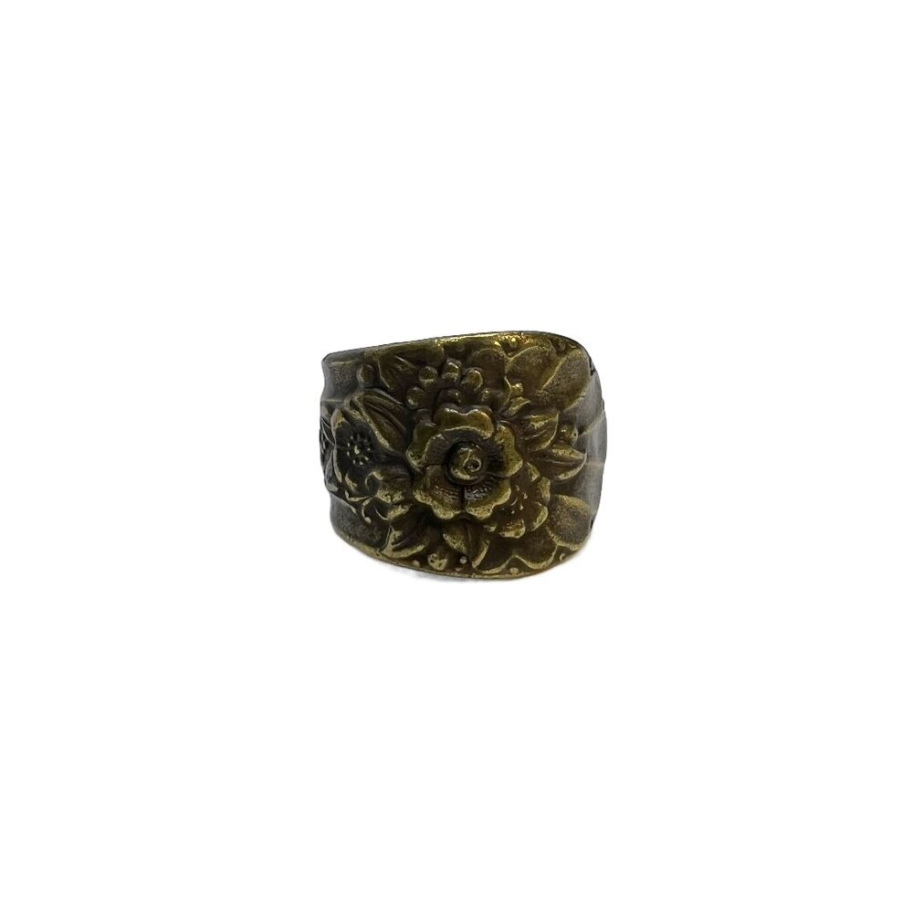 Floral Flower Vintage Spoon Style Ring Adjustable Antique Bronze Tone